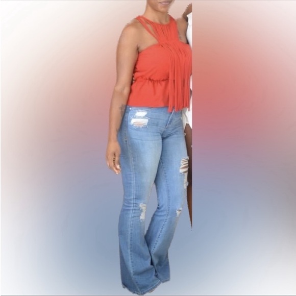 Bebe Red Peplum Halter Top with Fringe Front Detail - Picture 2 of 12